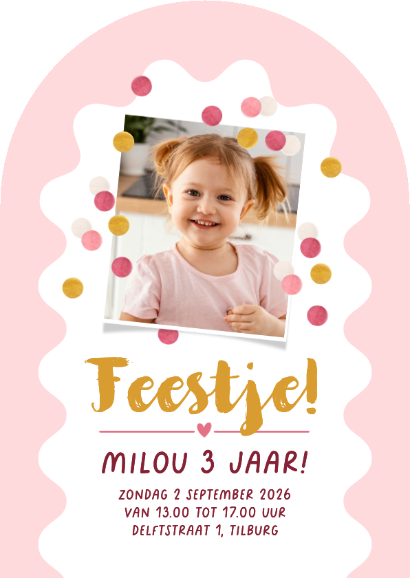 Uitnodiging kinderfeestje boogvorm confetti roze goud foto - Kinderfeestjes Kinderfeestjes - Uitnodiging kinderfeestje boogvorm confetti roze goud foto