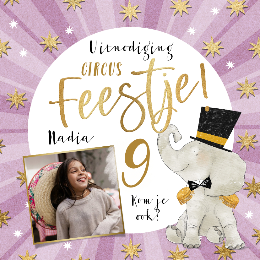 Kinderfeestjes - Uitnodiging kinderfeestje circus illustratie olifant goud