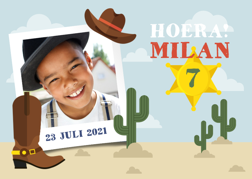 Kinderfeestjes - Uitnodiging kinderfeestje cowboyhoed, laars en sheriff ster