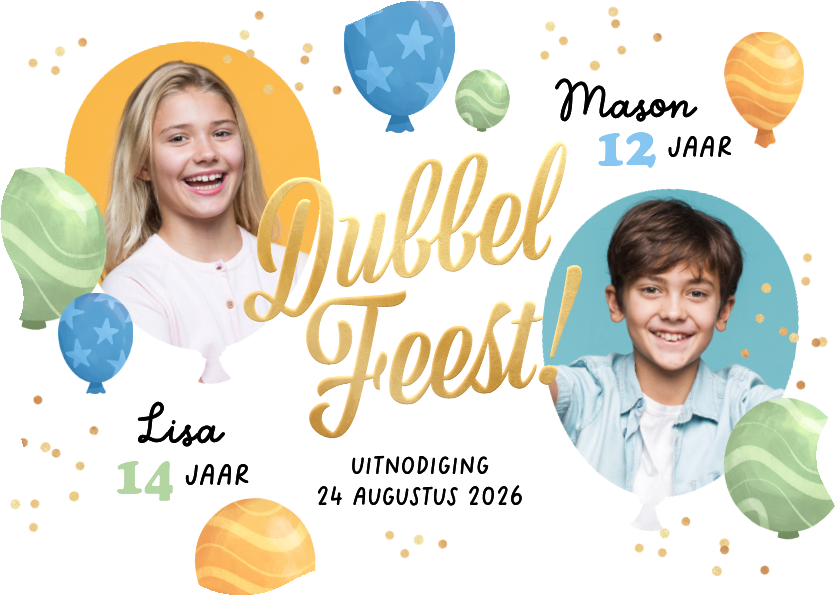 Uitnodiging kinderfeestje dubbel feest ballonnen confetti - Kinderfeestjes Kinderfeestjes - Uitnodiging kinderfeestje dubbel feest ballonnen confetti