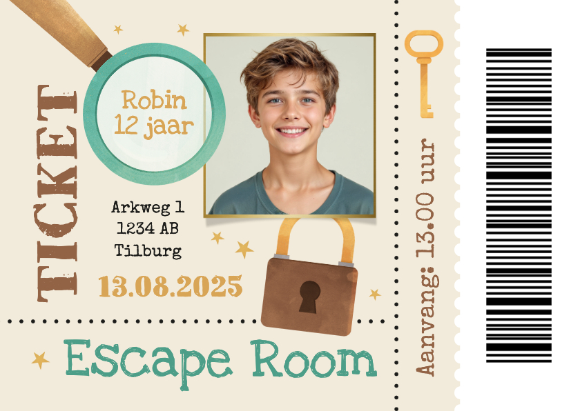 Uitnodiging kinderfeestje escape room ticket foto stoer - Kinderfeestjes Kinderfeestjes - Uitnodiging kinderfeestje escape room ticket foto stoer