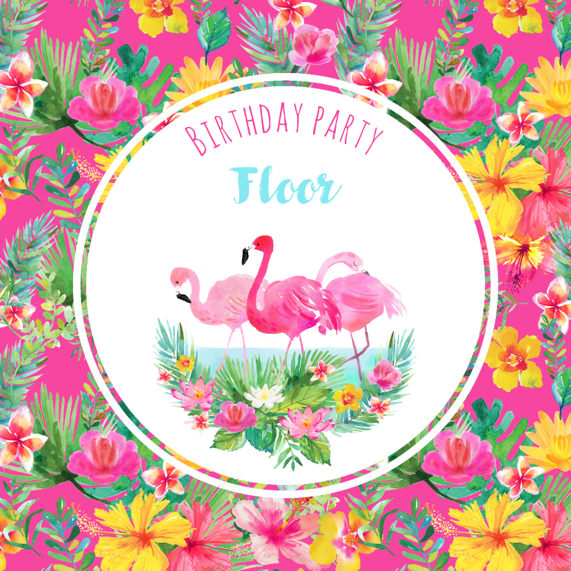 Uitnodiging kinderfeestje flamingo en tropische bloemen - Kinderfeestjes Kinderfeestjes - Uitnodiging kinderfeestje flamingo en tropische bloemen