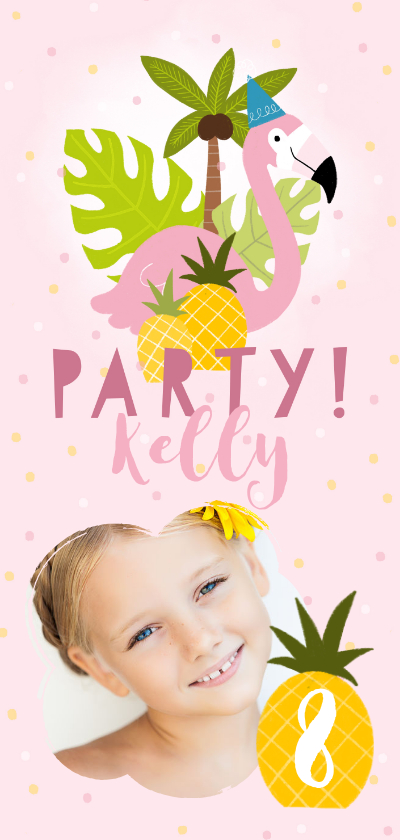 Kinderfeestjes - Uitnodiging kinderfeestje flamingo's, ananassen & confetti