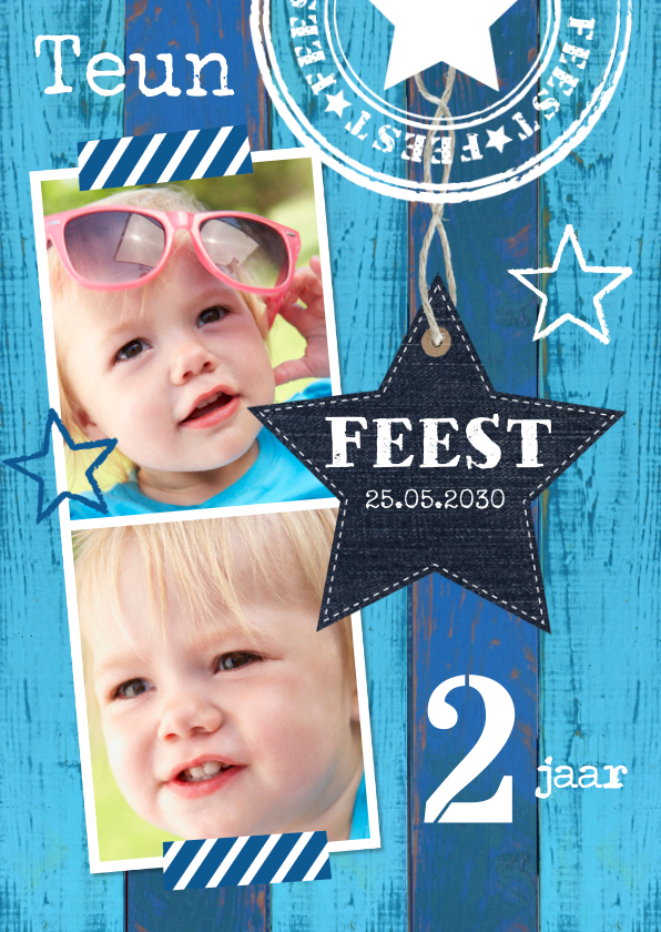 Uitnodiging kinderfeestje fotocollage hout blauw - Kinderfeestjes Kinderfeestjes - Uitnodiging kinderfeestje fotocollage hout blauw
