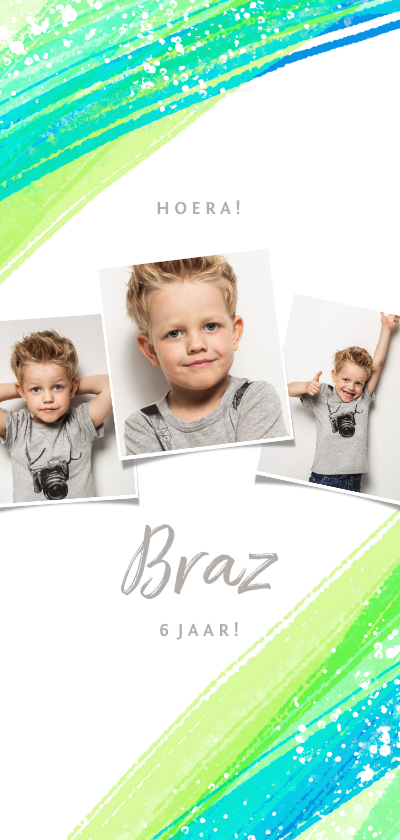 Uitnodiging kinderfeestje foto's & groene verfstrepen - Kinderfeestjes Kinderfeestjes - Uitnodiging kinderfeestje foto's & groene verfstrepen