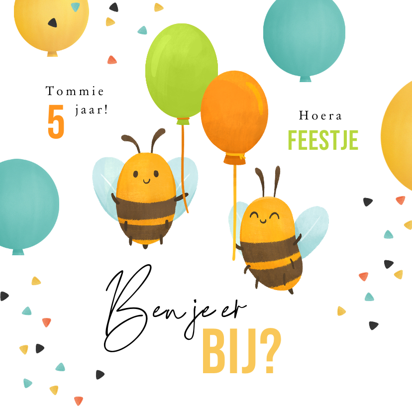 Kinderfeestjes - Uitnodiging kinderfeestje grappig bijtjes ballonnen confetti