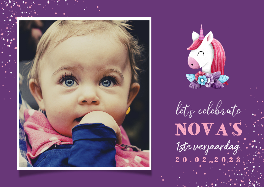 Uitnodiging kinderfeestje grote foto met unicorn en confetti - Kinderfeestjes Kinderfeestjes - Uitnodiging kinderfeestje grote foto met unicorn en confetti