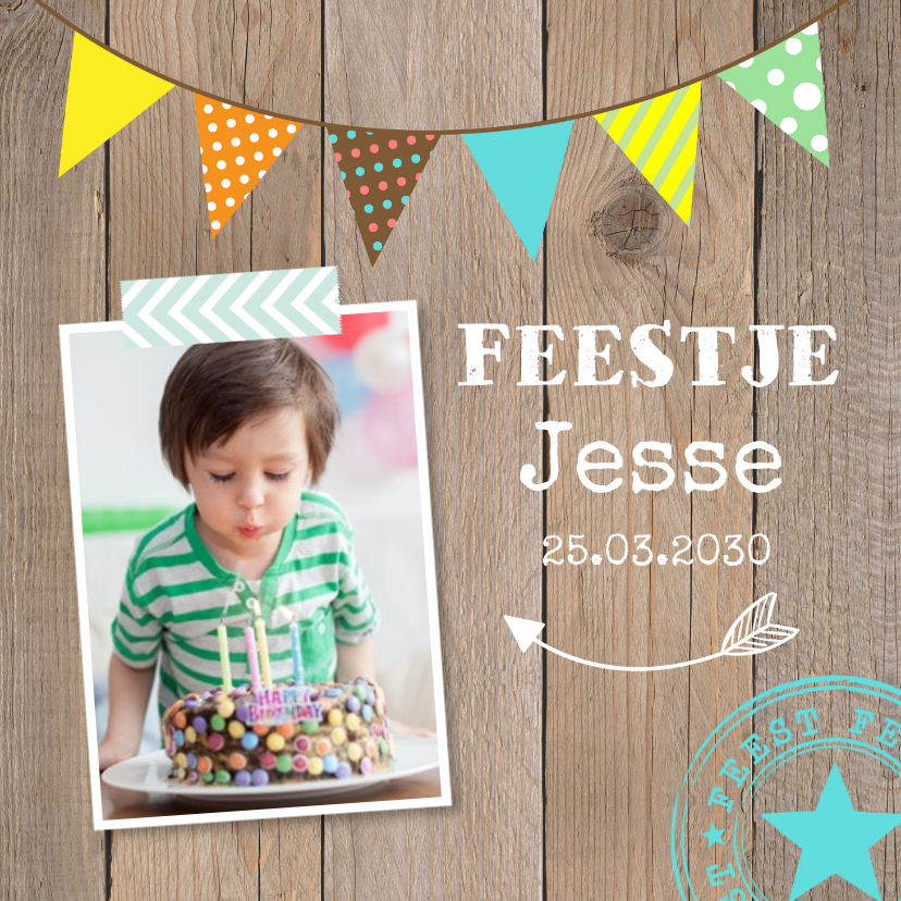 Uitnodiging kinderfeestje jongen slinger houtprint - Kinderfeestjes Kinderfeestjes - Uitnodiging kinderfeestje jongen slinger houtprint