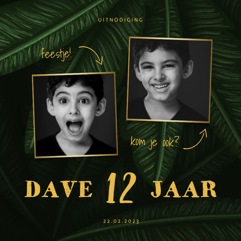 Uitnodiging kinderfeestje jungle bladeren met foto's - Kinderfeestjes Kinderfeestjes - Uitnodiging kinderfeestje jungle bladeren met foto's