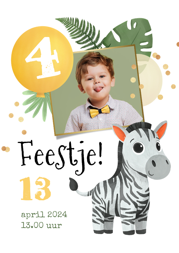 Kinderfeestjes - Uitnodiging kinderfeestje jungle zebra confetti ballonnen