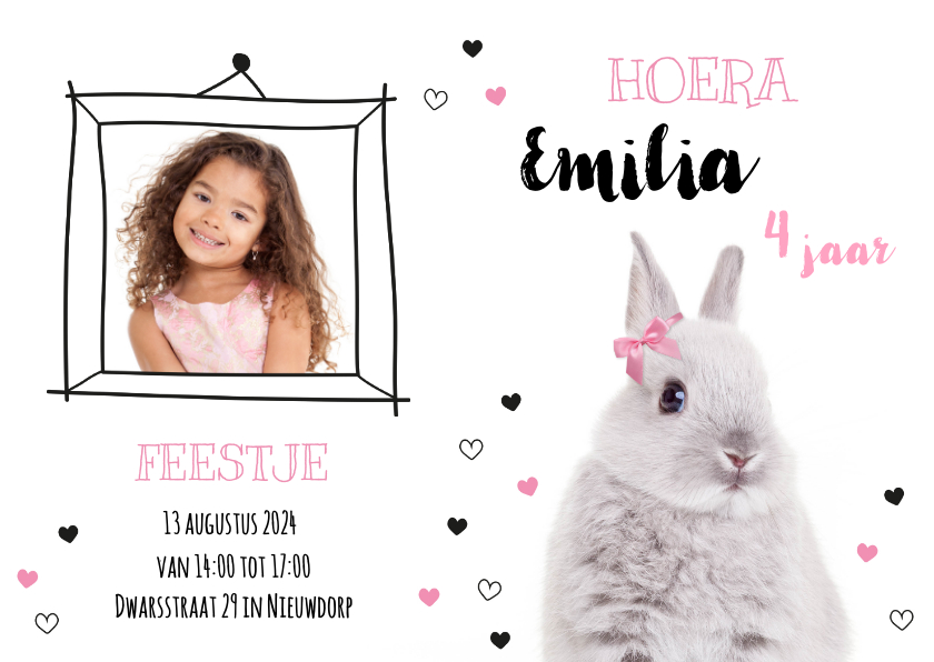 Uitnodiging - Kinderfeestje - Konijntje met roze strikje - Kinderfeestjes Kinderfeestjes - Uitnodiging - Kinderfeestje - Konijntje met roze strikje