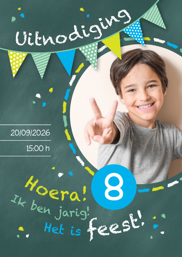 Kinderfeestjes - Uitnodiging kinderfeestje kriijtbord blauw