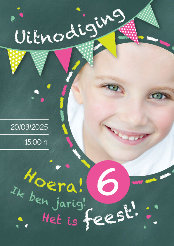 Kinderfeestjes - Uitnodiging kinderfeestje kriijtbord roze