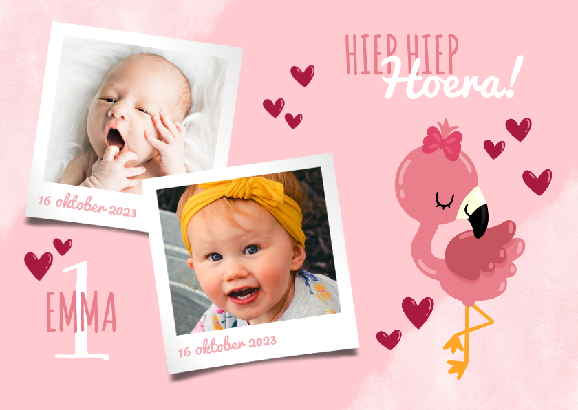 Kinderfeestjes - Uitnodiging kinderfeestje lieve flamingo, hartjes en foto's