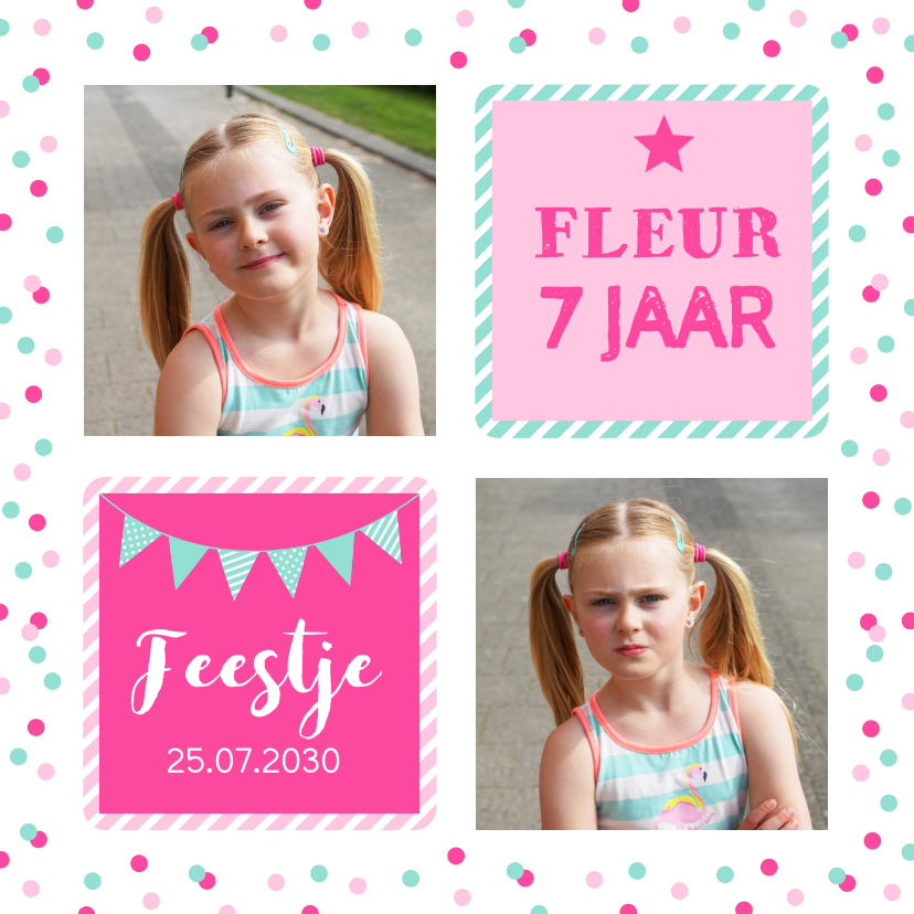 Kinderfeestjes - Uitnodiging kinderfeestje meisje confetti roze vakken