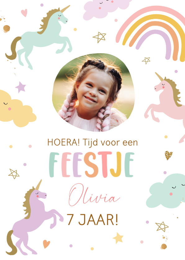 Kinderfeestjes - Uitnodiging kinderfeestje meisje eenhoorn en regenboog 
