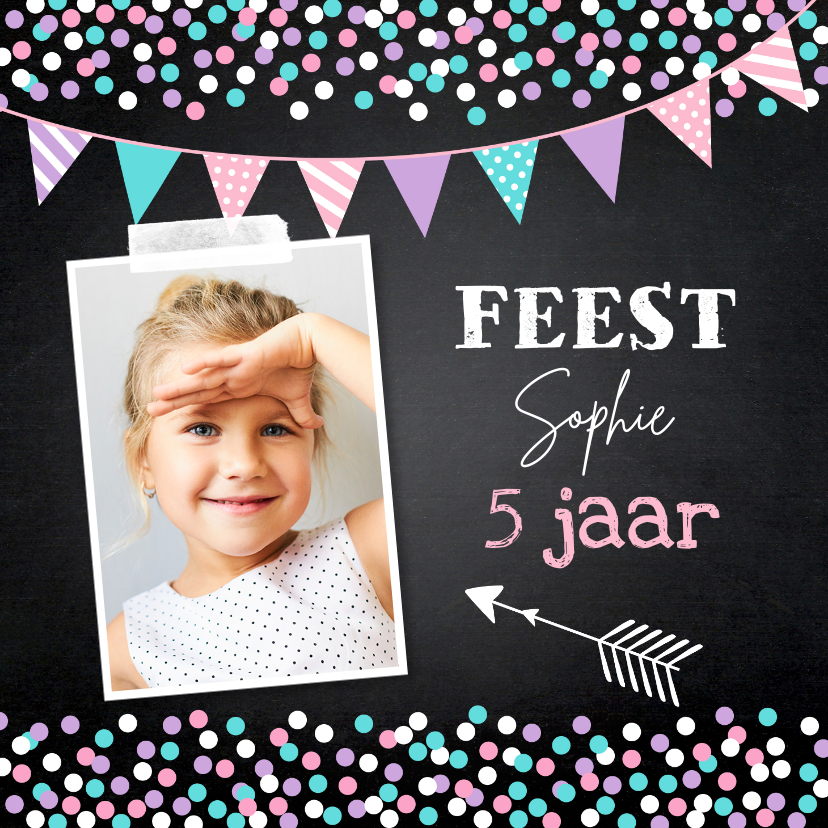 Uitnodiging kinderfeestje meisje foto confetti paars roze - Kinderfeestjes Kinderfeestjes - Uitnodiging kinderfeestje meisje foto confetti paars roze