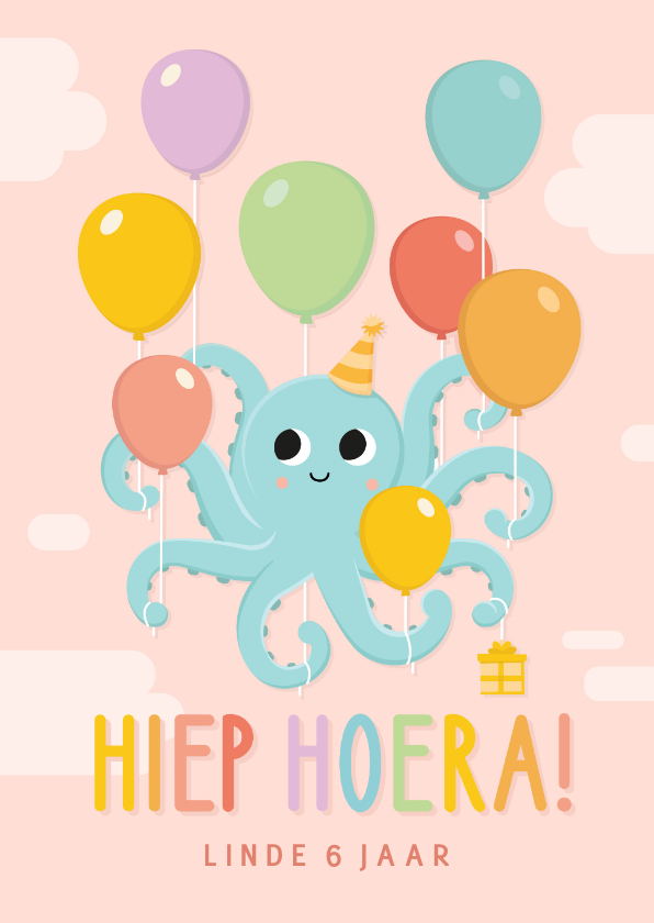 Kinderfeestjes - Uitnodiging kinderfeestje meisje met octopus met ballonnen