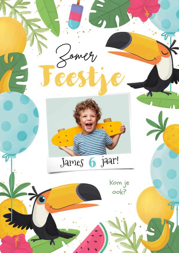 Kinderfeestjes - Uitnodiging kinderfeestje meisje tropisch toekan fruit