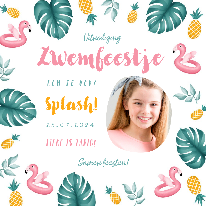 Kinderfeestjes - Uitnodiging kinderfeestje meisje zwemmen flamingo ananas