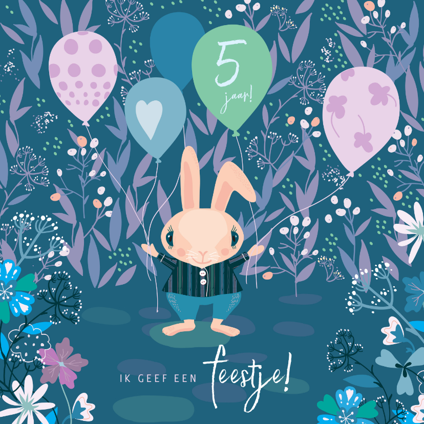 Kinderfeestjes - Uitnodiging kinderfeestje met konijn en ballonnen
