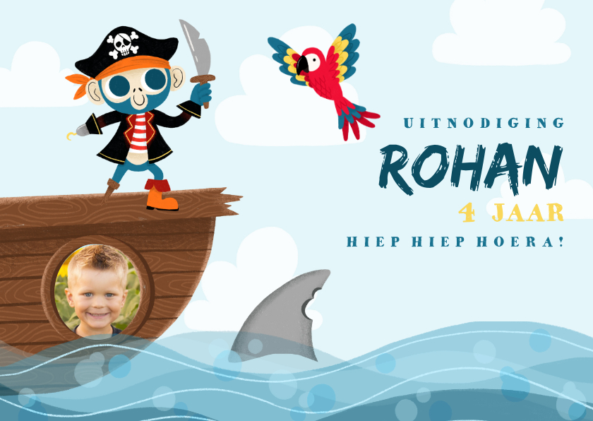 Uitnodiging kinderfeestje met piraten aap, papegaai en haai - Kinderfeestjes Kinderfeestjes - Uitnodiging kinderfeestje met piraten aap, papegaai en haai