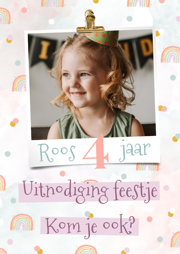 Kinderfeestjes - Uitnodiging kinderfeestje met regenboogjes en foto