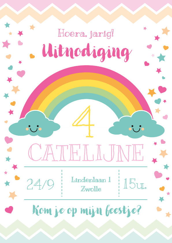 Kinderfeestjes - Uitnodiging kinderfeestje regenboog & wolkjes