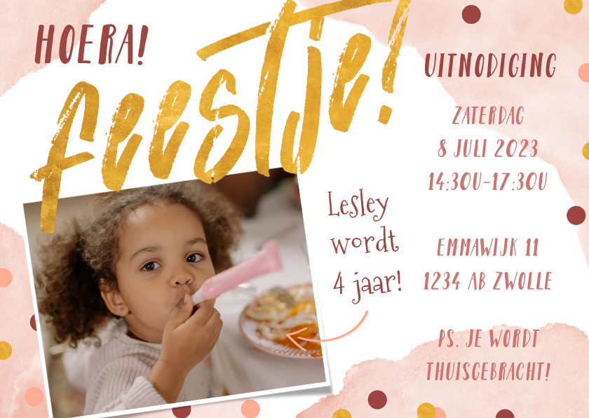 Uitnodiging kinderfeestje roze met waterverf en confetti - Kinderfeestjes Kinderfeestjes - Uitnodiging kinderfeestje roze met waterverf en confetti