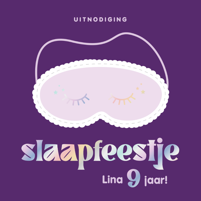 Kinderfeestjes - Uitnodiging kinderfeestje slaapmasker holografisch