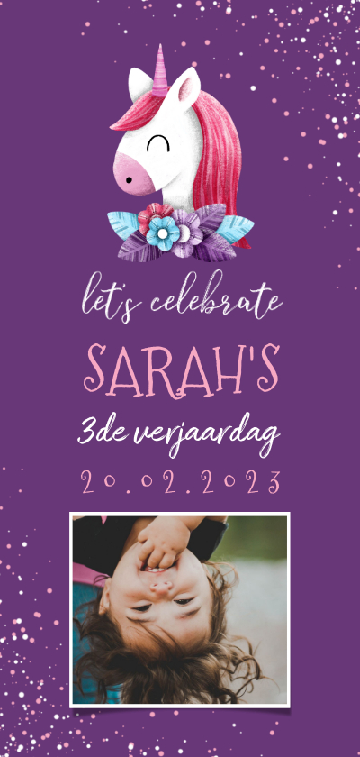 Uitnodiging kinderfeestje unicorn met confetti en foto - Kinderfeestjes Kinderfeestjes - Uitnodiging kinderfeestje unicorn met confetti en foto