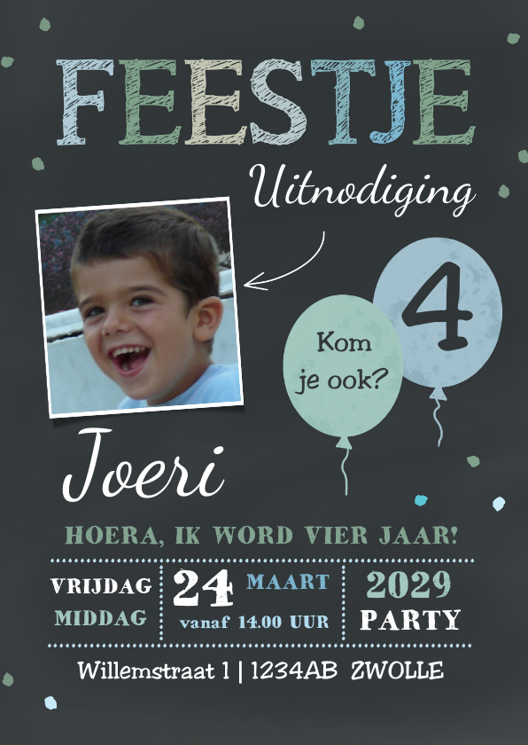 Uitnodiging krijtbord blauw met ballonnen - Kinderfeestjes Kinderfeestjes - Uitnodiging krijtbord blauw met ballonnen