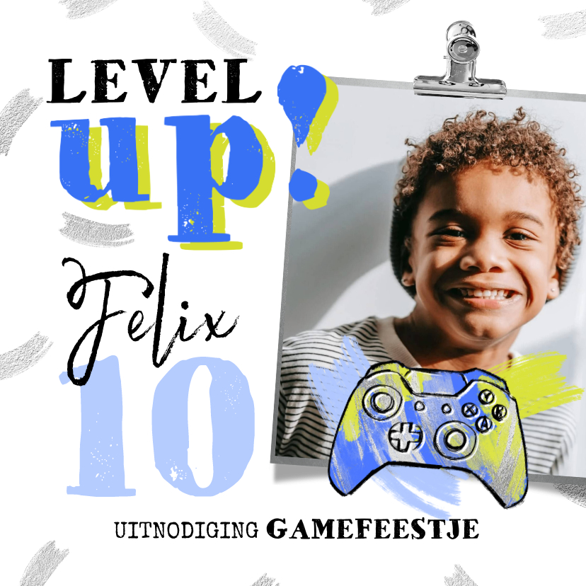 Kinderfeestjes - Uitnodiging 'Level Up!' gamefeestje zilver gameconsole foto