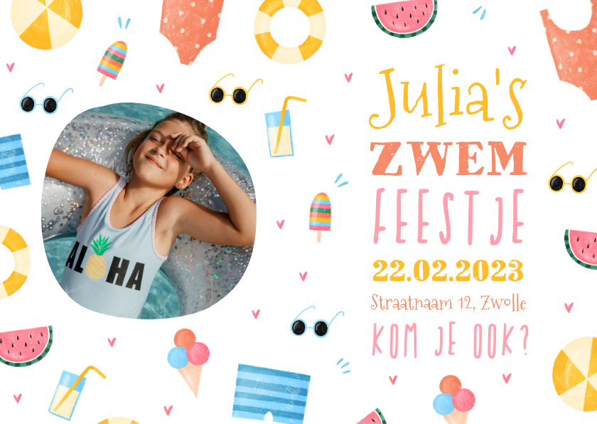 Uitnodiging met foto tropisch zomer zwemfeestje - Kinderfeestjes Kinderfeestjes - Uitnodiging met foto tropisch zomer zwemfeestje