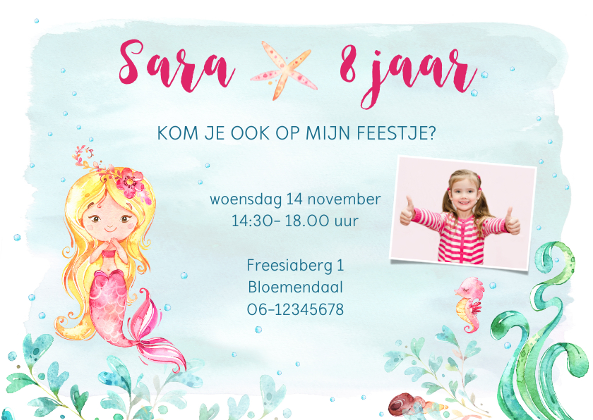 Kinderfeestjes - Uitnodiging met zeemeermin kinderfeestje