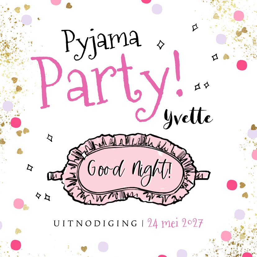 Kinderfeestjes - Uitnodiging pyjama party illustratie slaapmasker confetti