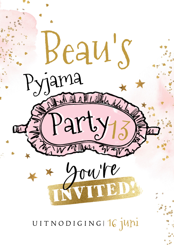 Kinderfeestjes - Uitnodiging slaapfeest 'Pyjama Party' slaapmasker goudlook