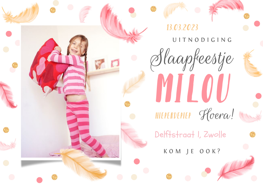 Uitnodiging slaapfeestje fotokaart veertjes confetti meisje - Kinderfeestjes Kinderfeestjes - Uitnodiging slaapfeestje fotokaart veertjes confetti meisje