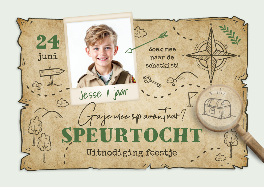 Kinderfeestjes - Uitnodiging speurtocht feestje schatkist zoeken landkaart