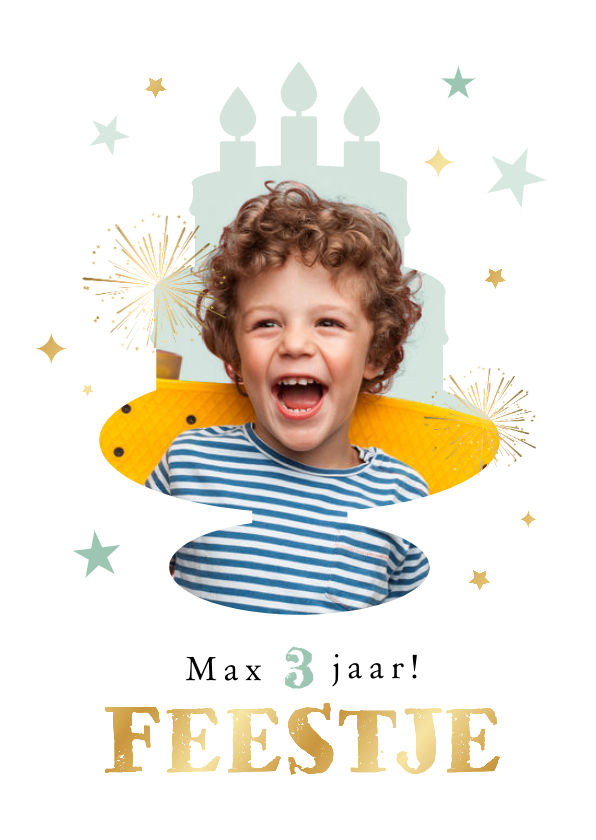 Kinderfeestjes - Uitnodiging verjaardag taart foto sterren goud