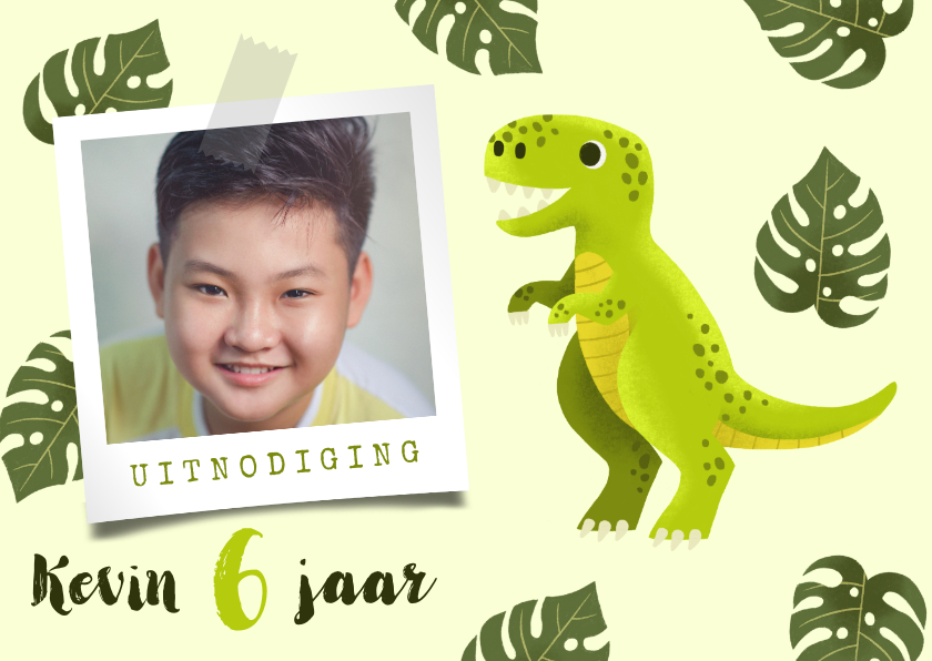 Kinderfeestjes - Uitnodiging voor een kinderfeestje met dino en blaadjes