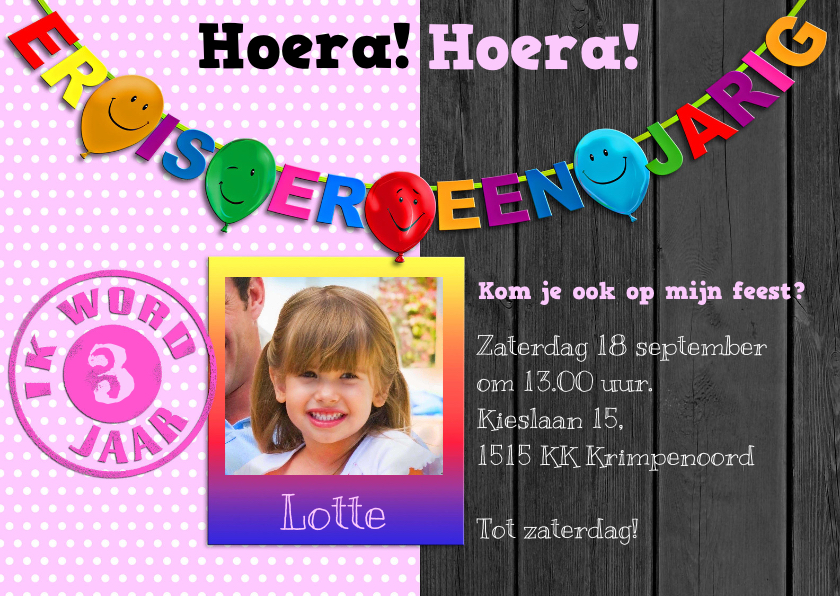Uitnodiging voor feest van meisje met stippen en foto - Kinderfeestjes Kinderfeestjes - Uitnodiging voor feest van meisje met stippen en foto