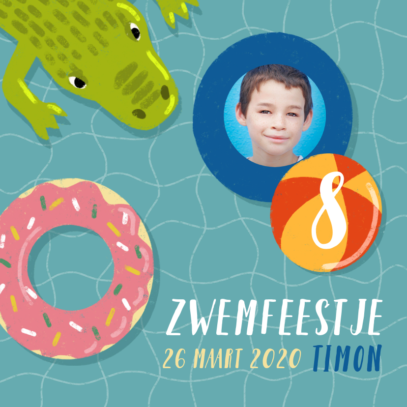 Uitnodiging voor zwemfeestje met zwemband, krokodil en foto - Kinderfeestjes Kinderfeestjes - Uitnodiging voor zwemfeestje met zwemband, krokodil en foto
