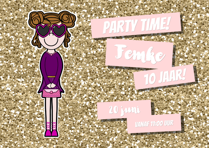 Uitnodiging vrolijke meiden kaart met glitter en glamour - Kinderfeestjes Kinderfeestjes - Uitnodiging vrolijke meiden kaart met glitter en glamour