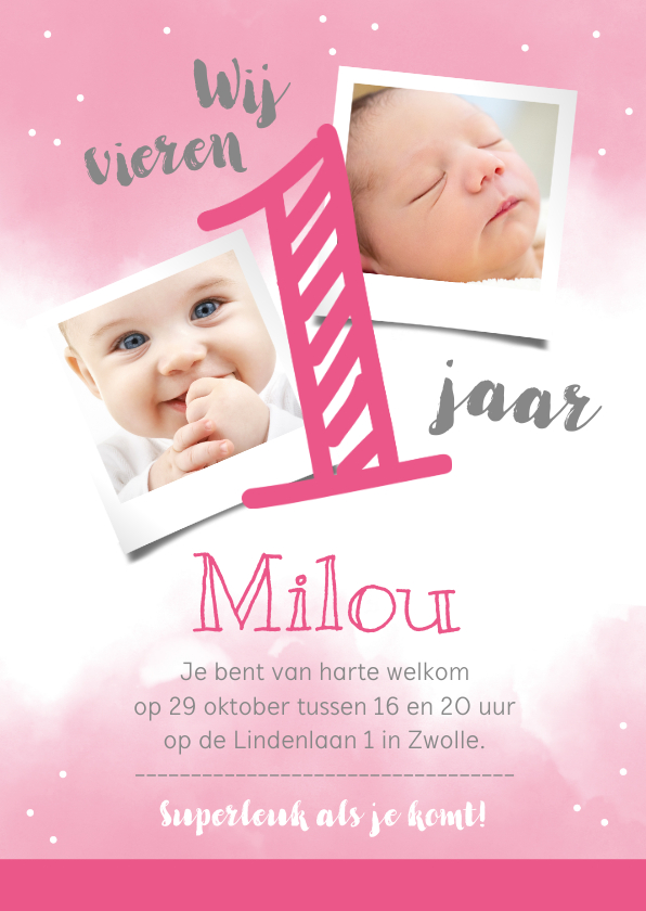 Uitnodigingskaart 1 jaar roze met eigen foto's - Kinderfeestjes Kinderfeestjes - Uitnodigingskaart 1 jaar roze met eigen foto's