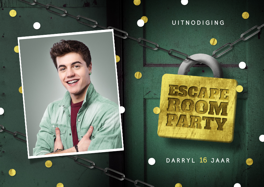 Uitnodigingskaart escape room slot foto deur confetti - Kinderfeestjes Kinderfeestjes - Uitnodigingskaart escape room slot foto deur confetti