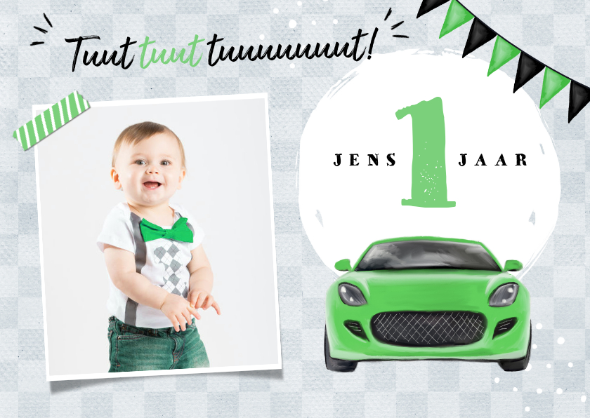Kinderfeestjes - Uitnodigingskaart kind 1 jaar auto groen vlaggen foto