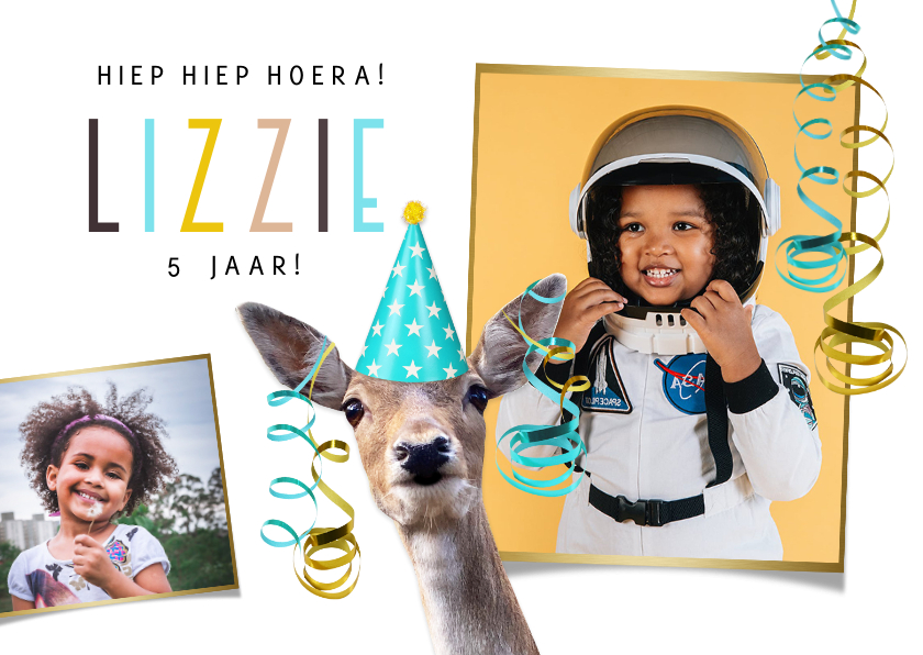 Kinderfeestjes - Uitnodigingskaart kinderfeestje met foto's en feestend hert