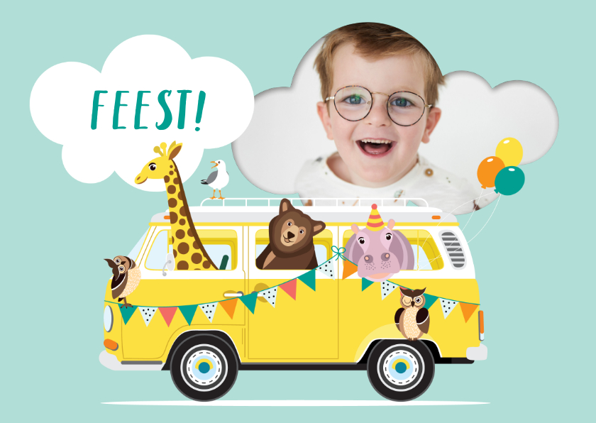 Kinderfeestjes - Vrolijk Volkswagen busje vol lieve diertjes