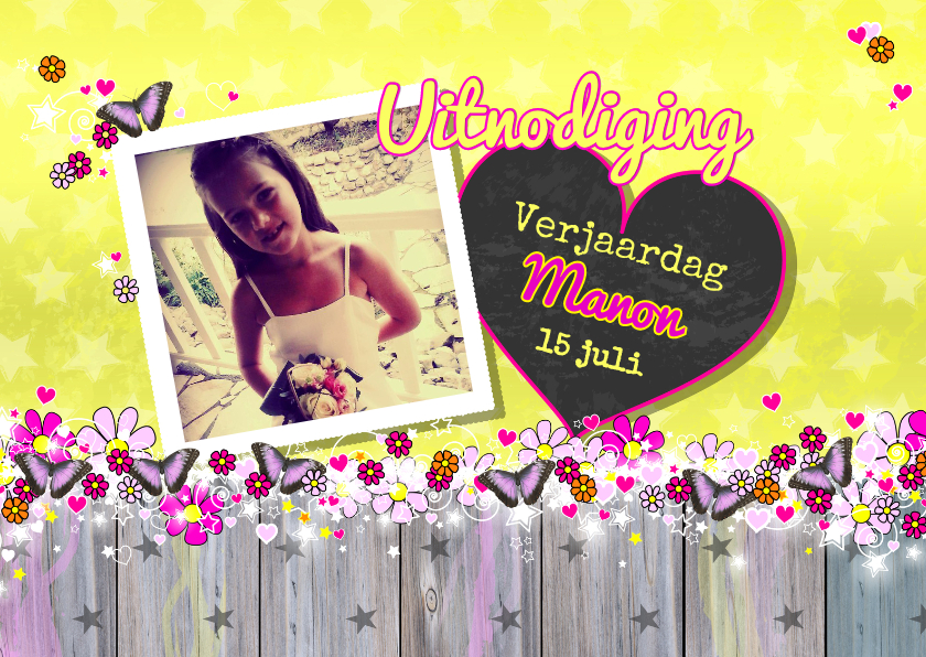 vrolijke gele foto kaart vlinder - Kinderfeestjes Kinderfeestjes - vrolijke gele foto kaart vlinder